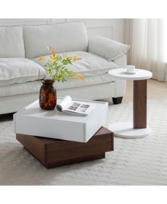 Rotating Coffee Table - Square Wood Center Table with 2 Drawers and Swivel Tabletop, Side Table for Living Room, Bedroom
