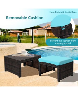 Set of 2 Rattan Ottoman Footrest Footstool Patio Furniture w/ Turquoise Cushion