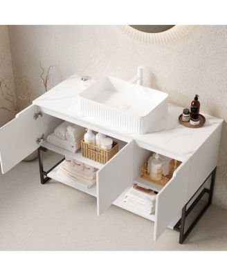 48" French Romantic Bathroom Vanity with White Ceramic Vessel Sink, Freestanding 3-Door Cabinet No Faucet