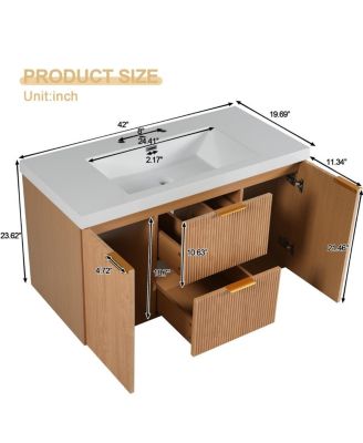 42" Wall-Mounted Floating Single Sink Vanity With SMC Top, MDF Cabinet Wood Grain Finish, Soft-Close Storage