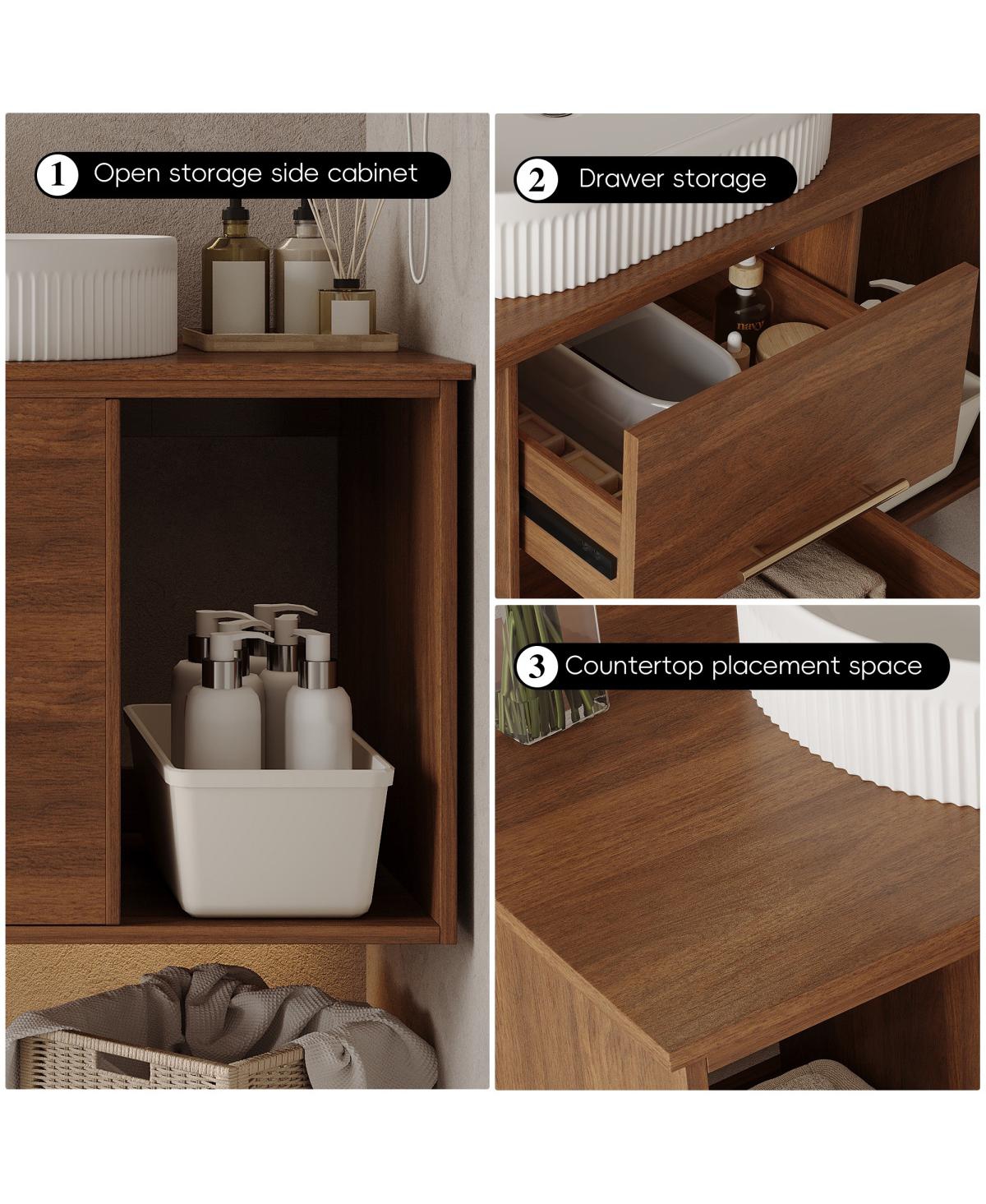 Sillysis 39.4" Wall-Mount Bathroom Vanity with Oval Ceramic Sink, Walnut Solid Wood Floating Cabinet & Soft-Close Drawers