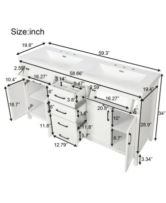 59.3" White Double Sink Bathroom Vanity with SMC Resin Basin, Solid Wood Frame & Soft Close Drawers for Large Bathrooms