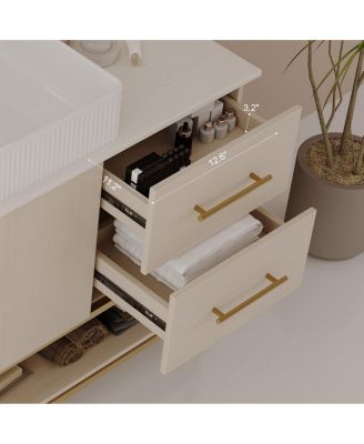 47.2" Bathroom Vanity with Ceramic Vessel Sink, Gold Stainless Steel Frame & Open Shelf, Modern Oak Freestanding Cabinet