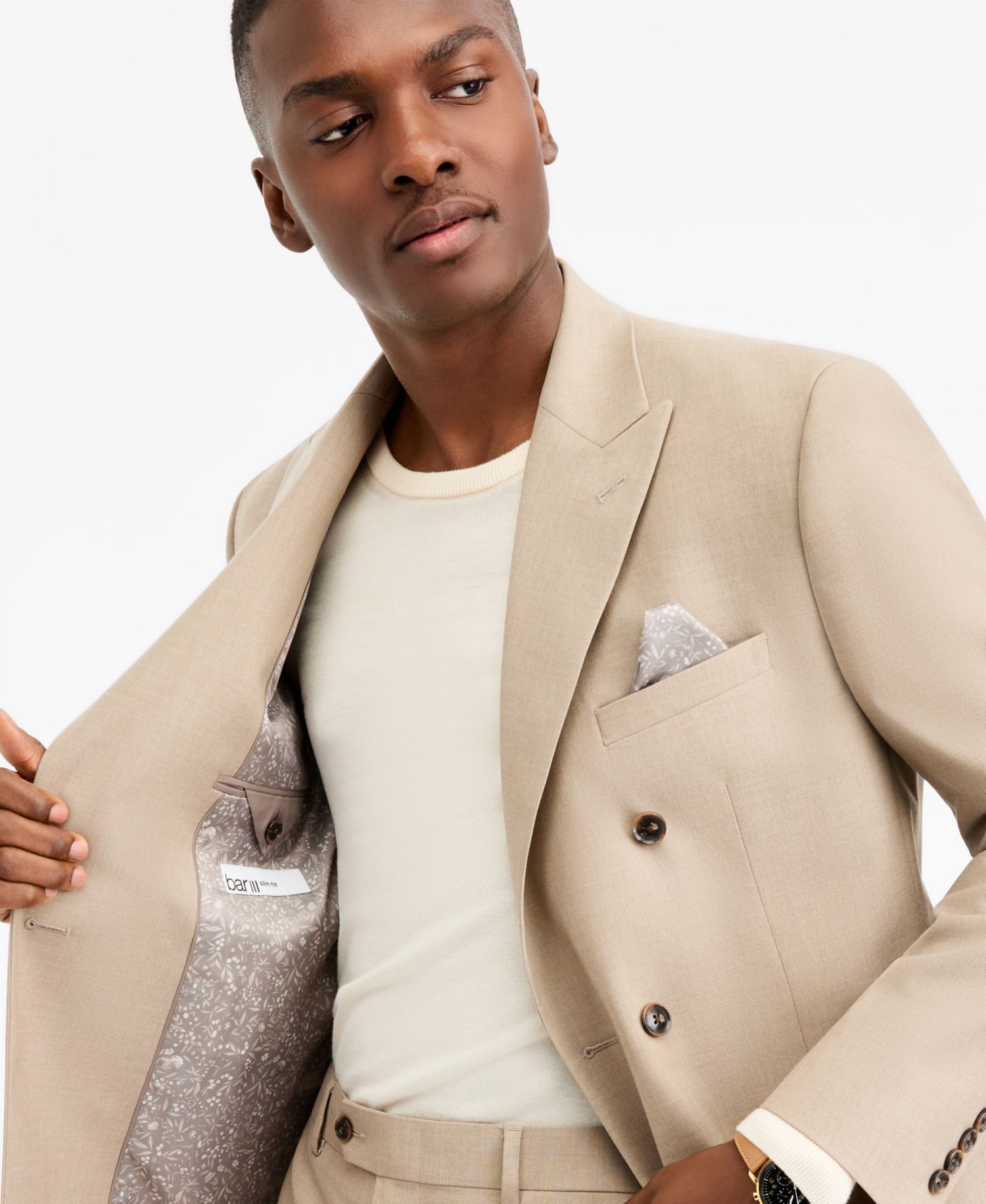 Men's Slim-Fit Tan Solid Double-Breasted Suit Separates Jacket