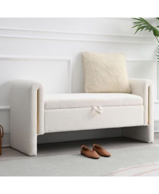 Upholstered Storage Ottoman, Modern Teddy End of Bed Bench, Window Storage Stool with Arms for Living Room, Bedroom