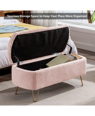 Modern Storage Ottoman Bench - Oval Faux Fur Entryway Bench, End of Bed Bench with Gold Legs for Living Room, Bedroom