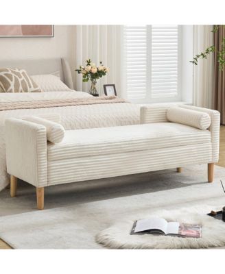 65" Storage Ottoman -  Corduroy Upholstered Bench with Armrests, Backrest and 2 Pillows, End of Bed Bench for Bedroom, Entryway
