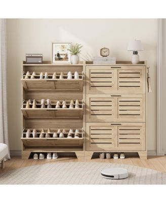 Shoe Cabinet Storage for Entryway, Narrow Shoe Cabinet with 3 Flip Drawers, Freestanding Hidden Slim Shoe Organizer Cabinet with Hooks