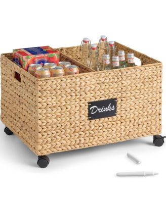 Rolling Pantry Storage Basket Organizer W/ Chalkboard Label, Handles, Removable Divider - Chestnut