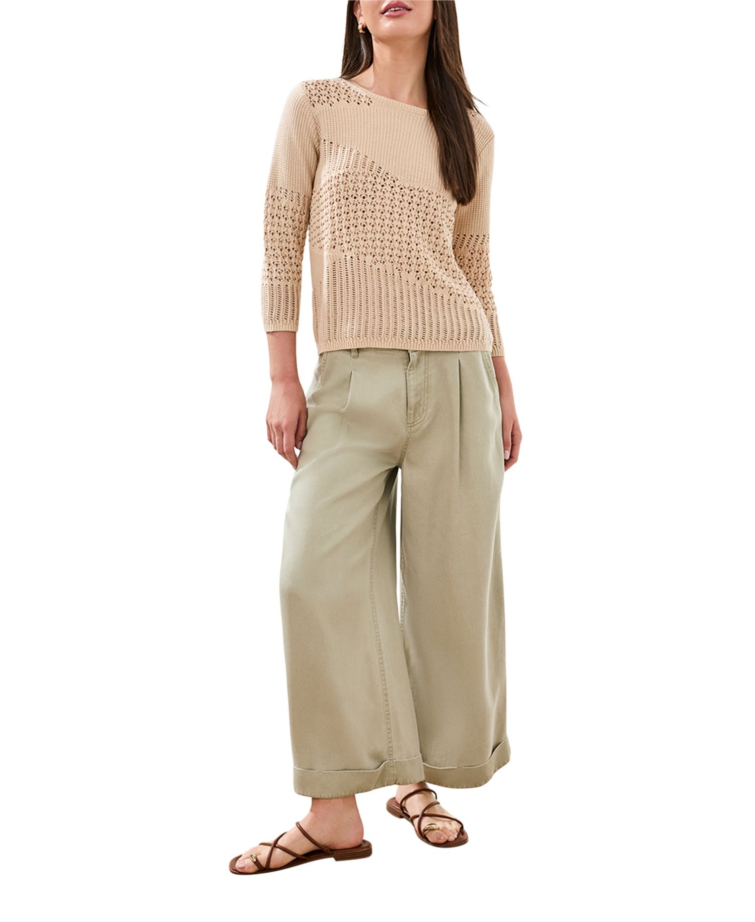 Women's Eyelet Texture Three-Quarter-Sleeve Sweater