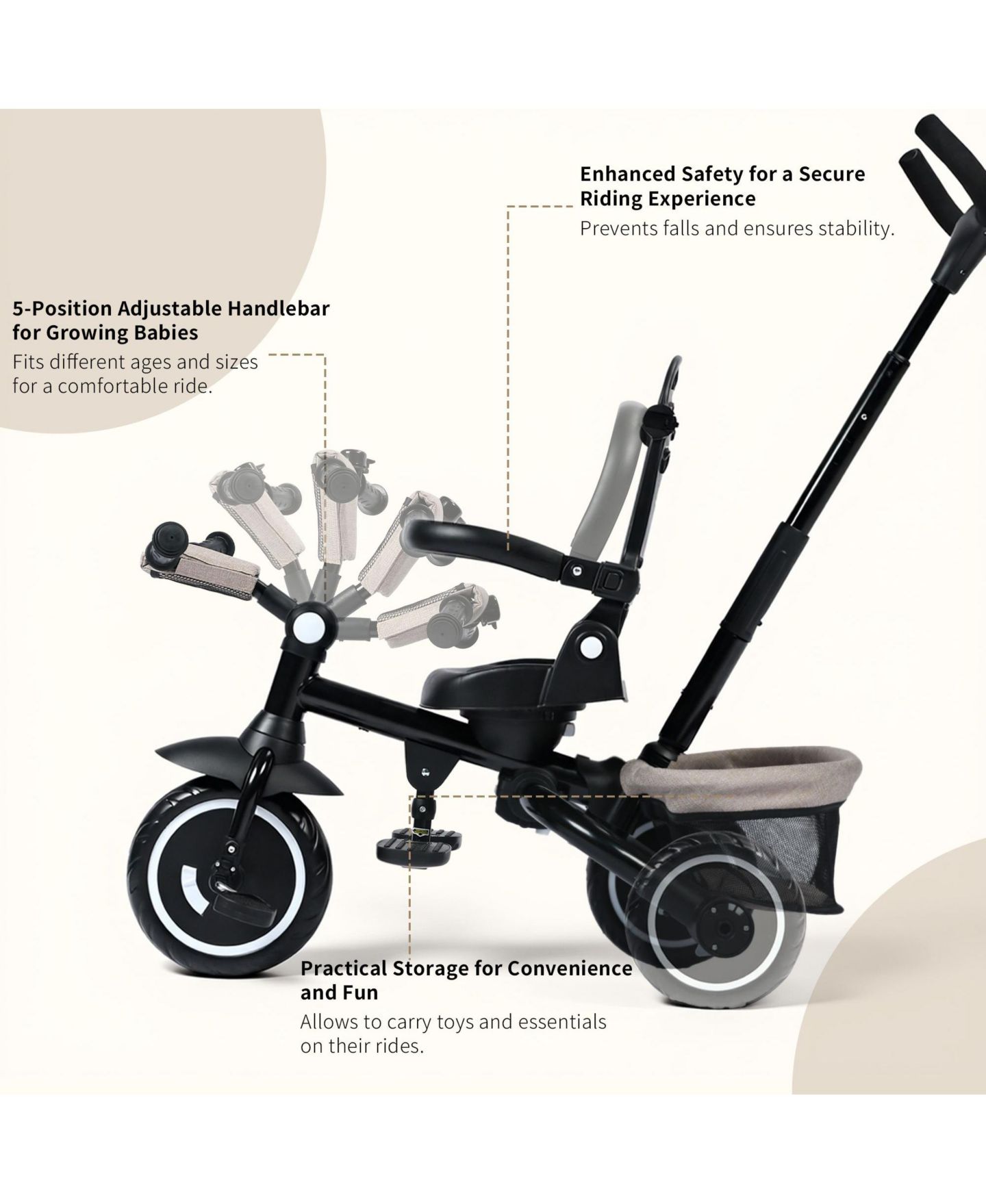 Детская игрушка Kinder King 7-in-1 Toddler Tricycle Stroller with Rotating Seat and Adjustable Push Handle, Ages 9 Months to 5 Years, цвет: Бежевый / Хаки — фото 4