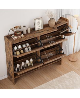 Shoe Cabinet with 4 Flip Drawers, Hidden Shoe Storage Organizer for Entryway, Wooden Shoe Rack with Adjustable Shelf, Shoe Cupboard