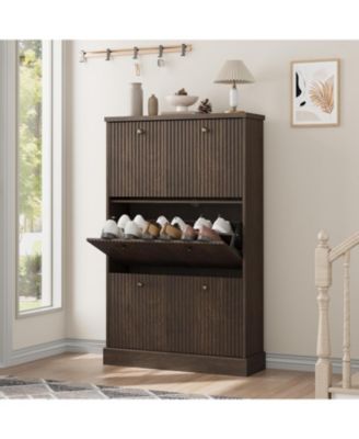 Fluted Shoe Cabinet Storage with 3 Flip Drawers, Wooden Fluted Narrow Shoe Organizer with Adjustable and Removable Shelves