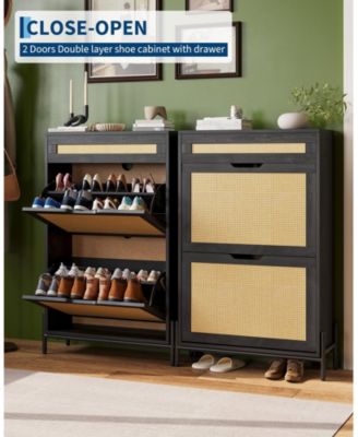 Rattan Shoe Cabinet Storage with 2 Flip Drawers and Top Drawer, Freestanding Shoe Organizer Wooden Slim Shoe Rack Storage