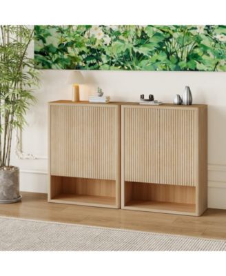 2 Fluted Doors with 5 Tier Shoe Cabinet, Freestanding Entryway Storage Cabinet with Adjustable Shelves for Living Room, Hallway, Porch, Oak