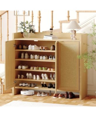 Rattan Shoe Cabinet for Entryway, Wooden Shoe Rack Freestanding Storage Cabinet with Adjustable Shelves for Living Room Hallway