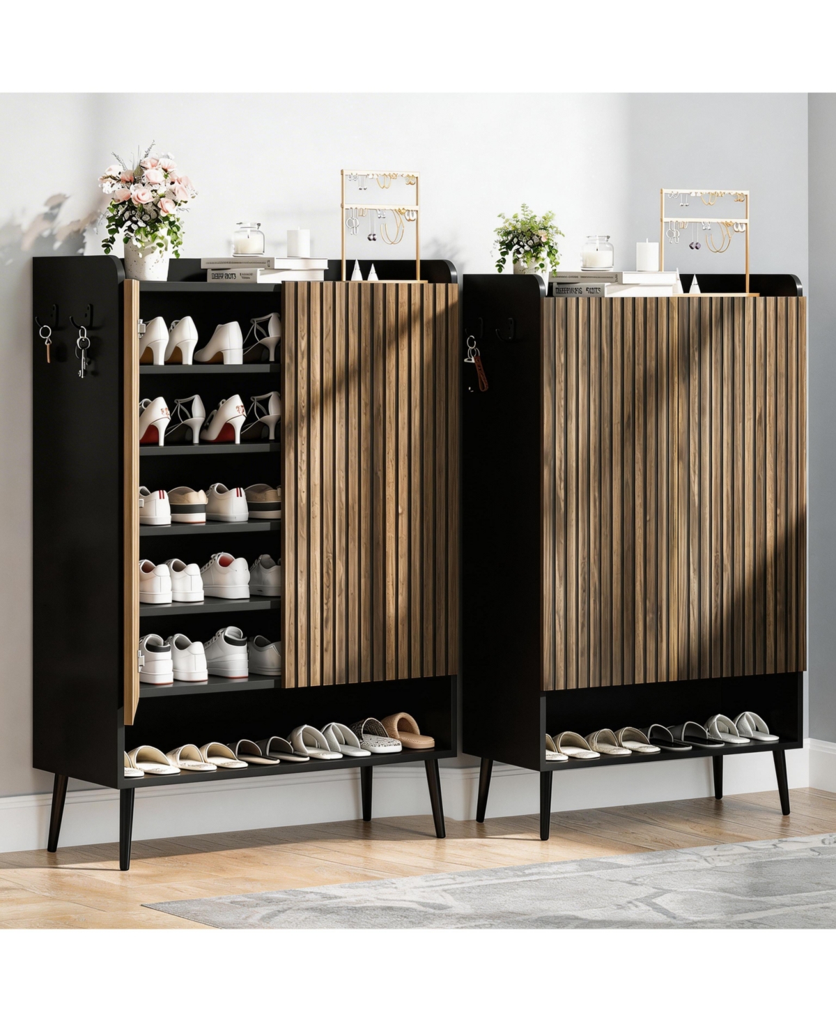 Homfan 2Pcs Modern Entryway Shoe Cabinet – Large Storage Organizer with Adjustable Shelves, Doors – Holds 30 Pairs, Freestanding for Hal