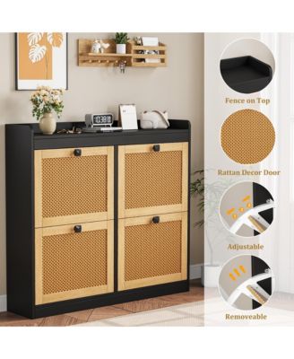 2Pcs Shoe Cabinet Rattan with 4 Flip Drawers, Wooden Freestanding Shoe Organizer with Adjustable Shelves, Shoe Storage for Entryway
