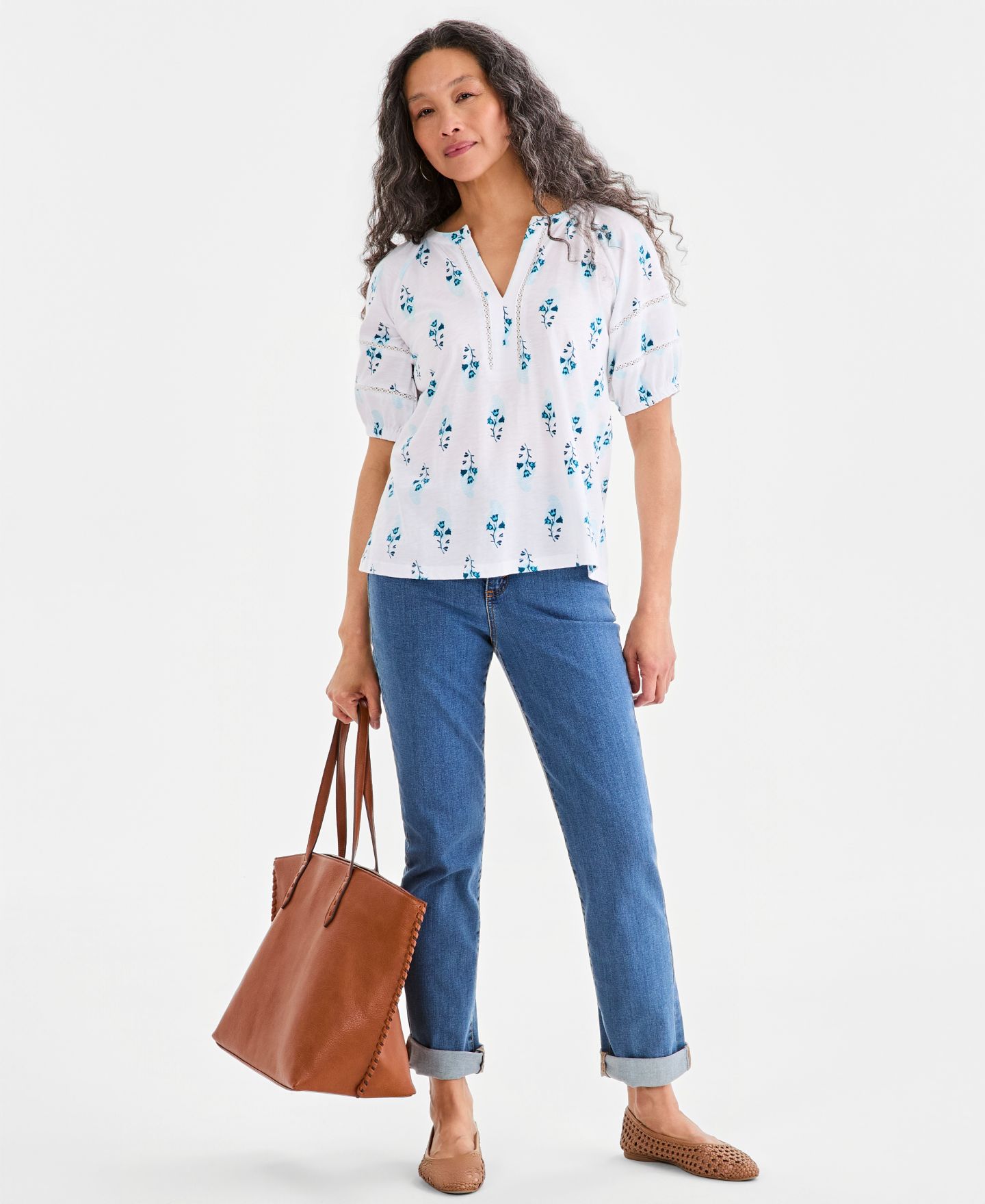 Женский топ Style & Co Printed Elbow-Sleeve Knit Top, цвет: Яркий белый — фото 2