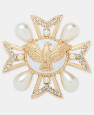 Boxed Gold-Tone Imitation Pearl Eagle Crystal Cross Pin 