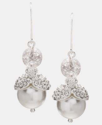 Silver-Tone Imitation-Pearl Crackle Stone Double Drop Earrings