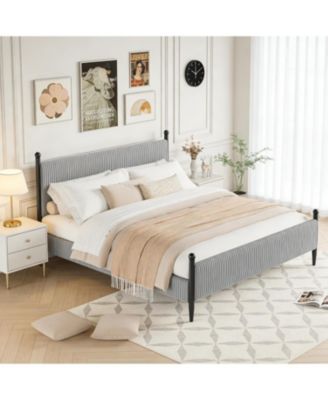 King Size Upholstered Bed Frame, Velvet Headboard, Corduroy Platform with Wood Slats, Heavy Duty Feet, Noise-Free