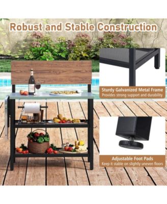 Outdoor Foldable Grill Table with Flip-Up Top and 2 Storage Shelves for Backyard Garden