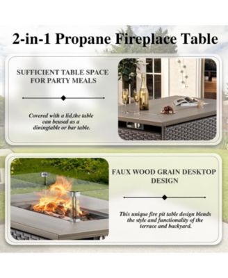 5-piece patio set with 4 swivel rattan chairs, thick cushions, and a 30-inch propane fire pit table for cozy outdoor gatherings.