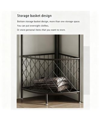 Space-saving Metal Corner Coat Rack with Hooks and Basket