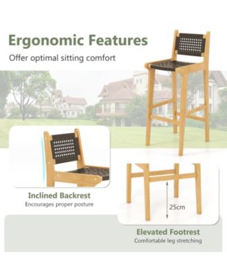 30 in Rattan Teak Wood Bar Stool with Backrest and Footrest