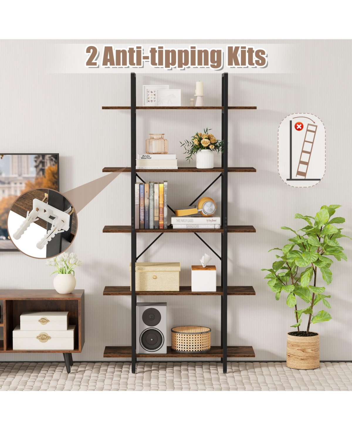Sugift Vintage Industrial Five Tier Bookcase with Open Shelving