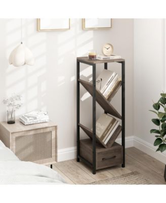 4 Tier Floor Tree Bookshelf with Drawer and Metal Frame