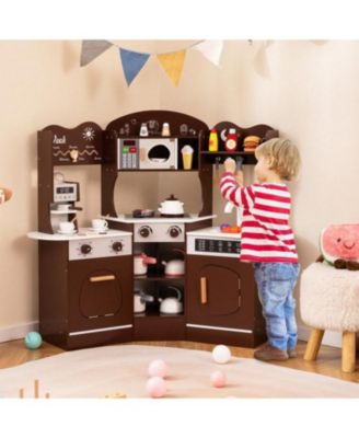 Corner Wooden Play Kitchen with Coffee Machine and Slide for Kids.