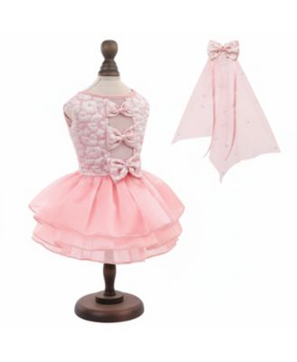 Dog Dress Wedding Pet Lace Princess with Bows Necklace Veil Formal Apparel for Birthday Party