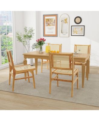 Rattan Dining Chair with Cane Backrest and Wood Frame