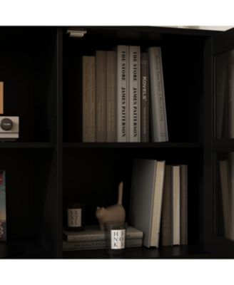 TV stand with top cabinets, entertainment center with tempered glass doors, wooden media console