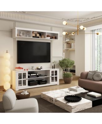 TV stand with top cabinets, entertainment center with tempered glass doors, wooden media console