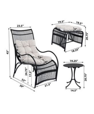 3 Piece Wicker Outdoor Patio Furniture Set with Lounge Chair Ottoman Side Table Cushions for Garden Deck Porch