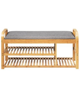 Bamboo Shoe Rack Bench with Cushion and Tiered Storage
