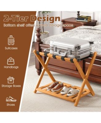 Set of Two Folding Luggage Racks with Straps and Shelf