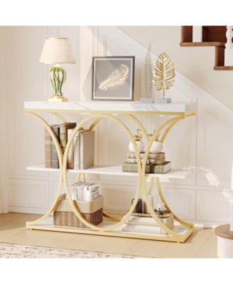 39" Narrow Console Table for Entryway, Industrial 3-Tier Sofa Table, Round Metal Base, Storage Shelves