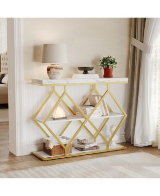 Entryway Table with Diamond Metal Frame, Marble Console with Open Shelf Storage, Adjustable Feet