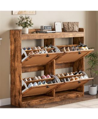 Shoe Cabinet Rattan with 4 Flip Drawers, Wooden Freestanding Shoe Organizer with Adjustable Shelves, Shoe Storage for Entryway, Closet, Hallway