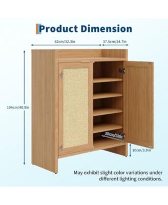 Freestanding Wooden Rattan Shoe Cabinet with Adjustable Shelves and Guardrail Top