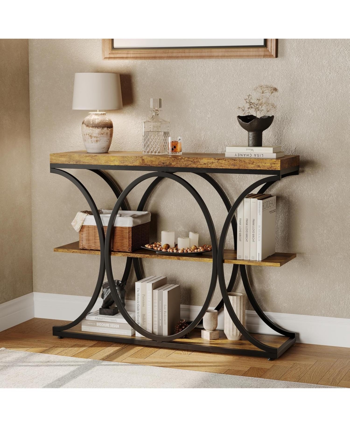 gaomon 39" Narrow Console Table for Entryway, Industrial 3-Tier Sofa Table, Round Metal Base, Storage Shelves