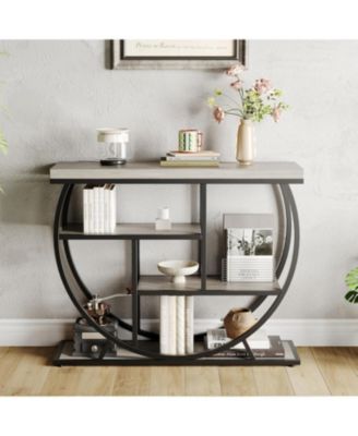 39" Farmhouse Entryway Table with Storage, 4-Tier Wooden Console, Metal Geometric Frame, Space-Saving