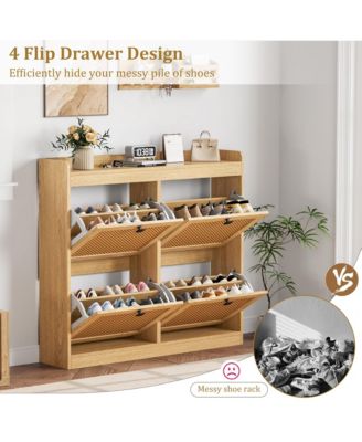 Wooden Rattan Shoe Cabinet with 4 Flip Drawers and Adjustable Shelves