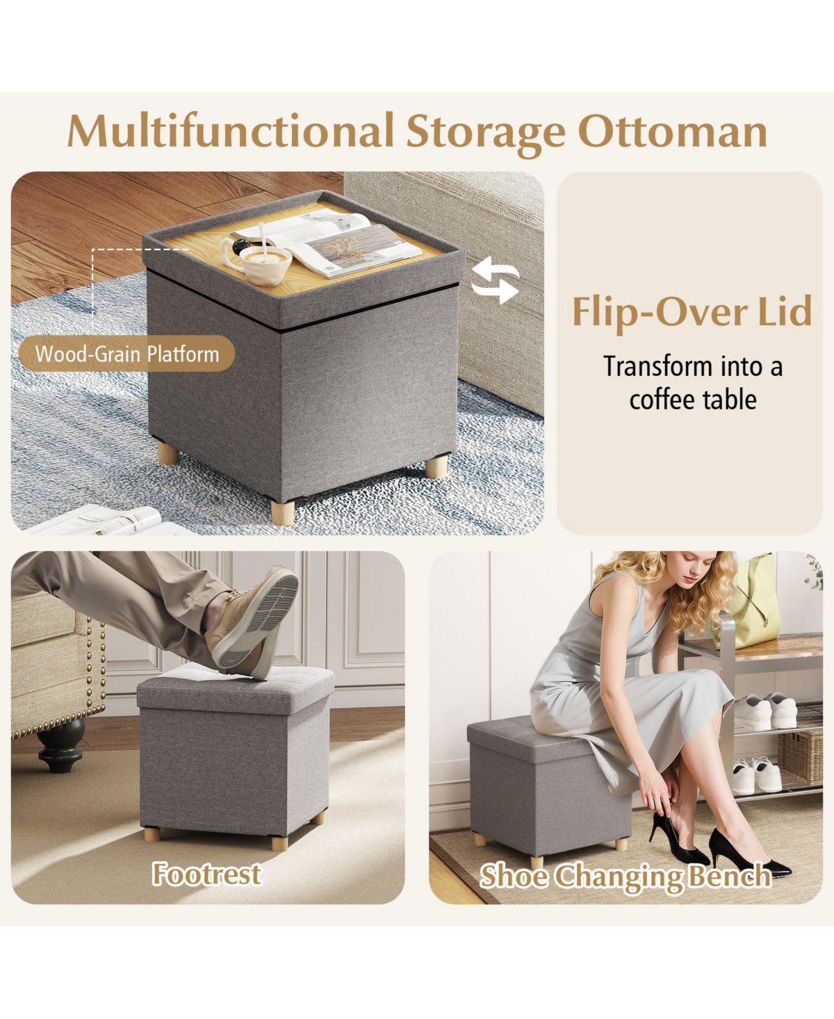 Sugift Round Storage Ottoman with Wood Legs and Lift Top Design