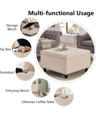 Square Storage Ottoman - Upholstered Button Tufted, wooden legs and Nail Trims for Living Room, Bedroom
