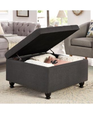 Square Storage Ottoman - Upholstered Button Tufted, wooden legs and Nail Trims for Living Room, Bedroom